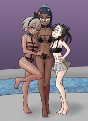 aged_up alternate_costume bare_legs bare_shoulders barefoot bea_(pokemon) black_hair blush bra cleavage clothed collar dark_skin feet female_only femsub grey_hair happy_trance heart heart_eyes legs looking_at_viewer marnie_(pokemon) midriff mythkaz navel nessa_(pokemon) nintendo pokemon pokemon_sword_and_shield skirt smile standing symbol_in_eyes