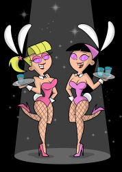  black_hair blonde_hair breasts bunny_ears bunnysuit choker cleavage cradily_(manipper) cuffs fairly_oddparents_(series) fake_animal_ears fake_tail female_only femsub fishnets happy_trance high_heels large_breasts large_lips long_hair manip nickelodeon ponytail simple_background spiral_eyes standing standing_at_attention symbol_in_eyes tray trixie_tang underwear veronica_star waitress 