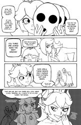 absurdres bare_shoulders bowsette breasts choker closed_eyes clothed comic crown dialogue dress earrings elf_ears english_text gloves greyscale hair_covering_one_eye horns jesturia jewelry long_hair multiple_girls new_super_mario_bros._u_deluxe nintendo open_mouth opera_gloves ponytail princess princess_daisy princess_peach princess_rosalina royalty speech_bubble super_crown super_mario_bros. super_mario_galaxy tagme text