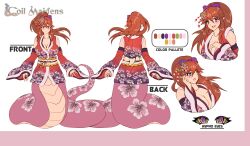 absurdres arm_warmers bow breasts brown_hair elf_ears flower hypnotic_eyes japanese_clothing kaa_eyes kimono large_breasts looking_at_viewer original ponytail psychowolffy purple_eyes reference_sheet satsuki_(polarisbow) smile snake tail