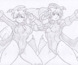 alternate_costume banshou bare_legs capcom corruption crossover darkstalkers female_only femsub greyscale legs leotard lilith_aensland long_hair morrigan_aensland open_mouth posing shadaloo_dolls short_hair street_fighter succubus thighs tie wings