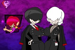  alternate_hairstyle black_hair breasts clothed coat crossover earrings faust_(limbus_company) female_only femdom femsub genderswap hair_covering_both_eyes hand_on_hip happy_trance hypnoscream king_of_fighters large_breasts limbus_company multiple_girls open_clothes red_hair shermie_(kof) smile sparkle suit tagme tie white_hair yi_sang_(limbus_company) 