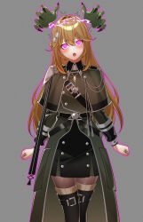 androgynous_dom aura blush brain_control_(yu-gi-oh!) brown_hair card clothed drool exosister_elis femsub glowing_eyes grey_background lukazyx phantom_hand pink_eyes simple_background very_long_hair yu-gi-oh!