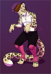  ash_(ashkelling) dazed drool furry lavenderpandy leopard_boy male_only malesub open_mouth original ring_eyes simple_background slouching solo spiral standing topless zombie_walk 