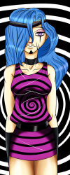 blue_hair breasts empty_eyes expressionless femsub hypnogoat666 large_breasts long_hair spiral standing standing_at_attention