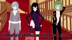  black_hair choker clothed cover emma_(ophelia's_dollhouse) empty_eyes english_text erin_(ophelia's_dollhouse) expressionless female_only femsub green_eyes green_hair grey_hair grey_skin jennifer_(ophelia's_dollhouse) latex long_hair multiple_girls multiple_subs ophelia's_dollhouse ophelia_(ophelia's_dollhouse) purple_eyes red_hair robot robot_girl short_hair stepped_on text zenin1 