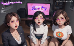 ai_art cover hypnotic_eyes kneeling large_breasts multiple_girls pink_eyes tv