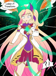 ahoge alternate_color_scheme alternate_costume alternate_form alternate_hair_color aura bare_shoulders blonde_hair breasts corruption empty_eyes evil_smile femsub ghost glowing league_of_legends long_hair looking_at_viewer magical_girl maledom microphone multicolored_hair open_mouth pink_hair possession ruination seraphine_(league_of_legends) smile sparkle speech_bubble standing standing_at_attention surprised sweat text thighhighs thighs transformation unhappy_trance vel viego_(league_of_legends) whitewash_eyes