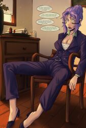  before_and_after belt business_suit chair cleavage dazed dialogue drool earpiece english_text eye_beams femsub glowing_eyes gmun green_eyes hypnotic_accessory large_breasts limp nail_polish office office_lady open_mouth purple_hair shion_(tensei_slime) sitting solo speech_bubble tech_control text that_time_i_got_reincarnated_as_a_slime western 