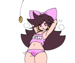  armpits arms_above_head bow brown_hair bulge coin collarbone earrings english_text grey_background hair_ribbon long_hair male_only malesub mole navel open_mouth original panties pendulum pink_eyes purple_eyes simple_background solo steam tank_top text thighs wet_clothes woot 