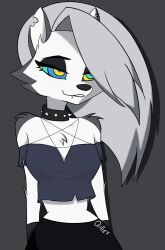  animated animated_gif blush collar drool eyeshadow female_only femsub furry grey_background hair_covering_one_eye helluva_boss kaa_eyes long_hair loona_(helluva_boss) piercing qiller simple_background solo torn_clothes white_hair wolf_girl 
