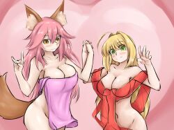 ahoge animal_ears blonde_hair blush bottomless breasts caster_(fate/extra) cleavage empty_eyes fate/extra fate_(series) female_only femsub fox_girl happy_trance large_breasts long_hair pink_hair saber_extra smile steaming_tofu topless