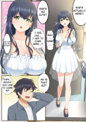  artist_request aware black_hair blush breasts cleavage collarbone comic dialogue dress expressionless femsub green_eyes hard_translated huge_breasts large_breasts long_hair maledom open_mouth shiori_osaki short_hair skirt sweat tech_control text translated woman_eats_~beautiful_dream_girl_delivery_app~ 