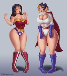  belt black_hair blonde_hair boots cape circlet cleavage collarbone dc_comics drool empty_eyes female_only femsub gloves heavy_eyelids knees_together large_hips leaning_forward leotard long_hair multiple_girls multiple_subs nofapplease open_mouth parasite power_girl short_hair simple_background standing starro super_hero wonder_woman 