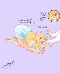 all_fours barefoot blonde_hair dress evil_smile feet femdom femsub foot_worship green_eyes huge_feet incest lewdydoo lillie_(pokemon) lusamine milf mother_and_daughter nintendo pokemon pokemon_sun_and_moon smile text toe_ring tongue tongue_out