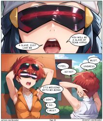 ai_art blue_hair dawn devianbar dialogue femsub happy_trance hypnotized_hypnotist large_breasts latex long_hair nintendo orange_hair pokemon short_hair team_hypno tech_control text visor zoey_(pokemon)