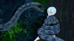  3d bikini breasts coils disney happy_trance kaa kaa_eyes large_breasts leopard_print lipstick long_hair makeup mmd mrkoiru outdoors pale_skin ping ponytail rwby sitting smile snake the_jungle_book trees weiss_schnee white_hair 