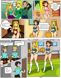   black_hair bra brown_hair carlosfco cheerleader comic dialogue femsub hypnotized_walking large_breasts maledom original panties spiral_eyes text 