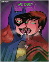  barbara_gordon batgirl batman_(series) blush bodysuit breast_press breasts brown_hair dc_comics dialogue drool earrings eye_mask female_only femsub freckles glowing_eyes green_eyes happy_trance kissing large_breasts lipstick long_hair looking_at_viewer marvel_comics mask may_mayday_parker multiple_girls multiple_subs open_mouth orange_hair piercing polmanning red_lipstick short_hair smile spider-girl spider-man_(series) spit_trail sub_on_sub super_hero symmetrical_docking text tongue tongue_out yuri 