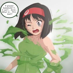 alternate_costume black_eyes black_hair body_control bodysuit disguised_hypnotist erika_(pokemon) femsub hair_band nintendo pokemon scared tagme text