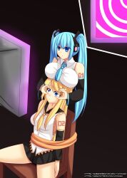  chair clothed empty_eyes expressionless eyes_held_open femsub hypnotic_screen large_breasts miku_hatsune multiple_girls rin_kagamine spiral spread_legs tagme tattoo tight_clothing vocaloid yakai 