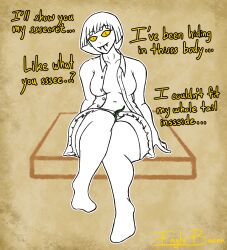  absurdres bangs dialogue eagle_bacon eyebrows_visible_through_hair fangs female_only femsub forked_tongue looking_at_viewer navel parasite possession pov pussy_tentacles shirt short_hair sitting skirt snake_girl straight-cut_bangs text thighhighs undressing yellow_sclera 