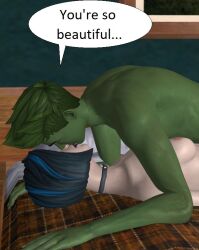  3d beast_boy blue_hair collar comic dc_comics fortnite goth green_hair green_skin kissing nipples raven topless 