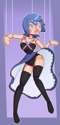  aqua_(kingdom_hearts) blue_eyes blue_hair cleavage disney doll_joints dollification dress female_only femsub kingdom_hearts pinocchio_(movie) puppet purple_background short_hair simple_background smile solo square_enix tagme thighhighs upskirt wrenzephyr2 