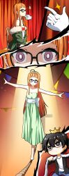  absurdres alternate_costume cape circus coin comic crown dress etlabsotwe expressionless femsub finger_snap flat_chest forced_circus_performer futaba_sakura glasses gloves jewelry joker_(persona_5) open_mouth pendulum persona_(series) persona_5 phantom_hand rope stage_hypnosis unaware 