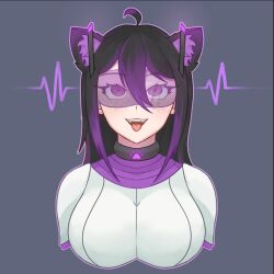  ahoge animal_ears antenna black_hair cat_ears cat_girl clothed collar fangs female_only femsub freckles long_hair multicolored_hair open_mouth original purple_eyes rubysumrie_(rubysumrie) simple_background solo tech_control tongue tongue_out visor zires 