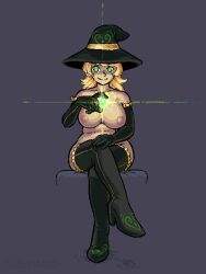  bare_breasts blonde_hair boots collarbone crossed_legs female_only femdom gloves green_eyes grey_background hypnotic_accessory nipples opera_gloves sitting sleepymaid smile thigh_boots witch witch_hat 