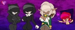  aisha_clanclan alternate_hairstyle arms_above_head black_hair blood_blockade_battlefront breasts chain_sumeragi cleavage clothed crossover elf_ears ergo_proxy female_only femdom femsub gradient_background hair_covering_both_eyes happy_trance holding_breasts hypnoscream king_of_fighters large_breasts multiple_girls multiple_subs open_mouth outlaw_star re-l_mayer red_hair shermie_(kof) silver_hair smile twinning 