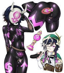  absurdres alternate_costume anus ass balls belt blue_hair body_markings bodysuit bow bulge butt_plug chastity collarbone corruption crotch_tattoo cum cum_on_face cum_on_hair enemy_conversion faceless femboy flower_in_hair genshin_impact glowing_eyes hair_ornament happy_trance hat hilichurl_(genshin_impact) horns hypnotic_accessory licking_lips light_skin male_only malesub mask mastersprouts masturbation multicolored_hair navel nipples pink_eyes pink_hair saluting simple_background solo tongue transformation twin_braids venti_(genshin_impact) white_background wide_hips x-ray 