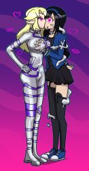 alicia_(aliciapendragon) black_hair blonde_hair bodysuit breast_fondling caifina_(caifina-rosewood) color detarayer drone dronification elf elf_ears female_only femsub gradient_background gurren_lagann hand_on_hip heart high_heels hypnotized_hypnotist jacket kissing large_breasts latex long_hair multiple_girls multiple_subs original pink_eyes simple_background