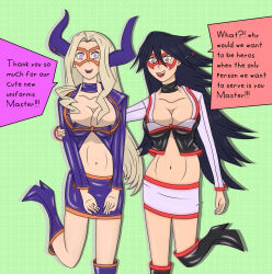  alternate_costume antenna black_eyes black_hair blonde_hair boots breasts cleavage collarbone dialogue female_only fembot femsub happy_trance high_heels horns hy2300 knee-high_boots large_breasts looking_at_viewer maledom mask my_hero_academia navel nemuri_kayama open_mouth posing purple_eyes simple_background skirt smile speech_bubble spiral_eyes standing symbol_in_eyes tech_control text very_long_hair yu_takeyama 