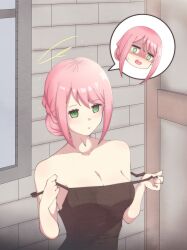 absurdres aware bare_shoulders body_control breasts cleavage dress embarrassed female_only femsub gojulas green_eyes marie_evans mechanical_marie pink_hair spiral_eyes sweat thought_bubble tied_hair undressing