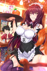  absurdres breasts brown_eyes brown_hair cleavage fate/grand_order fate_(series) femsub happy_trance large_breasts long_hair maid maid_headdress manip misterman4_(manipper) nez-box ribbon scathach_(fate/grand_order) skirt smile spiral_eyes symbol_in_eyes thighhighs tray waitress 