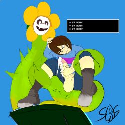  absurdres clothed dioforce flowey_(undertale) frisk_(undertale) huge_cock hypnotic_screen male_only maledom malesub orgasm penis plant resisting restrained undertale vines 