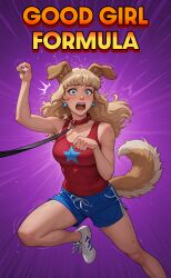  accidental_hypnosis ai_art bangs blonde_hair blue_eyes collar comic dog_girl dog_pose gym_uniform leash pet_play sculptortusk tagme text transformation 