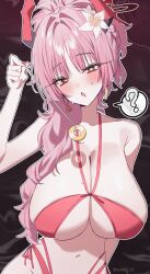  absurdres accidental_hypnosis aware bikini blue_archive blush breasts cleavage coin confused demon_girl drool femsub halo heart heart_eyes horns huge_breasts long_hair looking_at_viewer mole navel open_mouth pendulum pink_hair red_eyes satsuki_(blue_archive) self_hypnosis solo symbol taiyaki12 