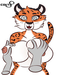 breasts cat_girl colty8 female_only femsub furry groping julia_(memes) large_breasts original spiral_eyes standing standing_at_attention symbol_in_eyes tiger_girl