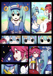 amanerei black_eyes blue_hair choker clothed confused empty_eyes eyebrows_visible_through_hair fangs female_only femdom femsub gloves hand_on_another&#039;s_cheek hat heavy_eyelids kneeling looking_at_viewer mesmerizer_(vocaloid) miku_hatsune open_mouth pants red_eyes red_hair ribbon shirt sitting skirt sweat t-shirt tears teto_kasane text tie trance_break translation_request twin_braids twintails vocaloid waitress yuri