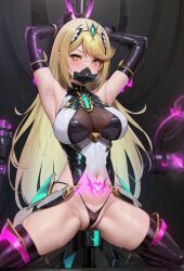  ai_art armpits arms_above_head bikini_bottom blonde_hair boots cables cleavage crotch_tattoo empty_eyes female_only femsub gas_mask gloves glowing hair_ornament heavy_eyelids high_heels large_breasts leotard looking_at_viewer mythra_(xenoblade) navel nintendo opera_gloves rubber sitting solo spread_legs sweat tattoo tech_control thigh_boots thighhighs toirettopepa_no_fukuro_(generator) very_long_hair wires xenoblade_chronicles xenoblade_chronicles_2 yellow_eyes 