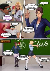 blonde_hair brown_hair classroom comic drool glasses hair_buns high_heels pantyhose sculptortusk short_hair socks student tagme teacher ugly_bastard unhappy_trance zombie_walk