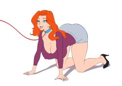 absurdres all_fours bare_legs blue_eyes cleavage clothed collar collarbone earrings female_only femsub ginyu1992 hanging_breasts high_heels huge_breasts leash long_hair open_mouth orange_hair original pet_play shirt simple_background skirt smile solo tagme tongue tongue_out white_background 