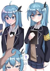  absurdres ahoge arm_bands bare_shoulders before_and_after blue_eyes blue_hair blush bow bow_tie clothed confused empty_eyes eyebrows_visible_through_hair female_only femsub glowing hair_ornament hairpin hand_on_head heart_eyes hypnotic_screen open_mouth oral original phone right_to_left school_uniform sex sexually_suggestive short_skirt simple_background skirt sokamo solo speech_bubble suit symbol_in_eyes tech_control tie uniform white_background 