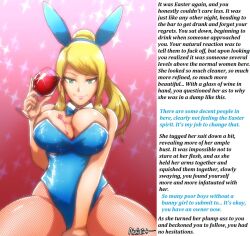 akairiot blonde_hair breasts bunny_ears bunnysuit caption cleavage fake_animal_ears femdom fishnets green_eyes huge_breasts hypnotic_breasts large_breasts looking_at_viewer manip metroid_(series) nintendo overlordmiles_(manipper) ponytail pov pov_sub samus_aran text thick_thighs thighhighs