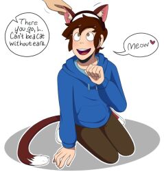  brown_eyes brown_hair cat_boy cat_ears cat_pose cat_tail clothed dialogue fake_animal_ears happy_trance heart hoodie male_only malesub open_mouth pants pet_play short_hair simple_background sitting smile sneakers solo somnefarious speech_bubble spiral_eyes sweater text white_background 