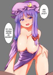 blush breasts female_only femsub happy_trance hat large_breasts long_hair nipples open_mouth patchouli_knowledge purple_hair pussy pussy_juice solo spiral_eyes symbol_in_eyes tenyunkel text touhou