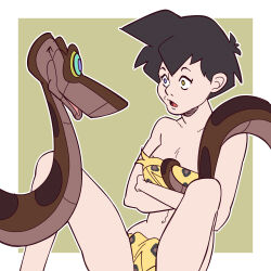  black_hair clothed disney dragon_ball dragon_ball_z ef-nsfw femsub kaa kaa_eyes leaning_forward leopard_print loincloth maledom short_hair smile snake surprised tail the_jungle_book tomboy videl 